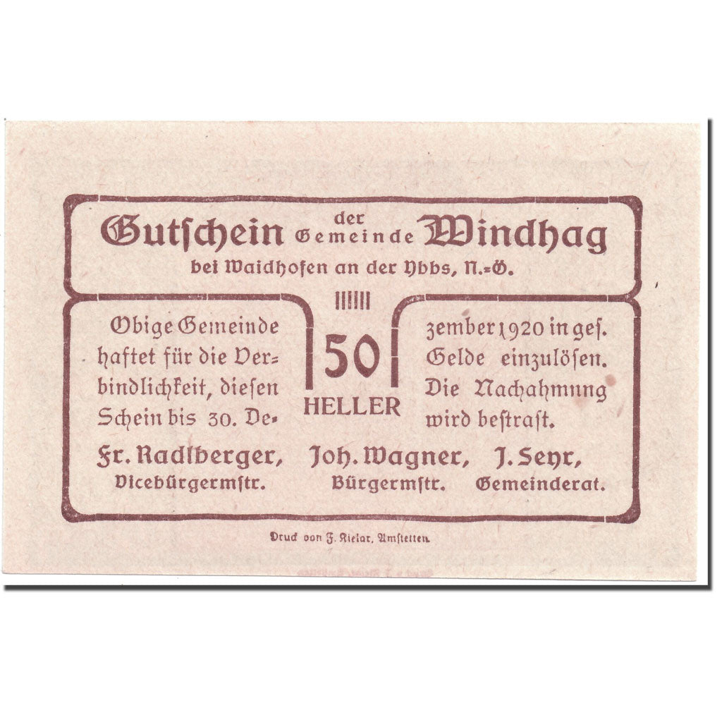 Geldschein, Österreich, Windhag, 50 Heller, paysage, 1920, UNZ-, Mehl:1244
