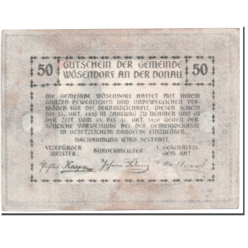 Geldschein, Österreich, Wösendorf, 50 Heller, paysage, 1920, UNZ-, Mehl:1255