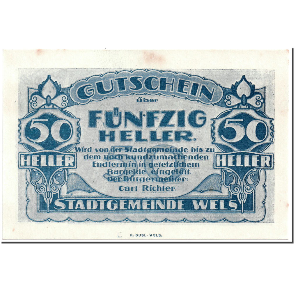Banconote, Austria, Wels, 50 Heller, centre ville, SPL, Mehl:1167 II