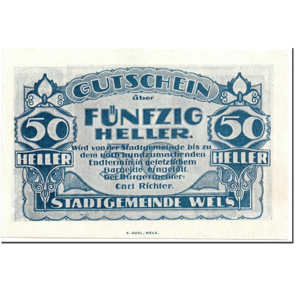 Geldschein, Österreich, Wels, 50 Heller, rue, UNZ-, Mehl:1167 II
