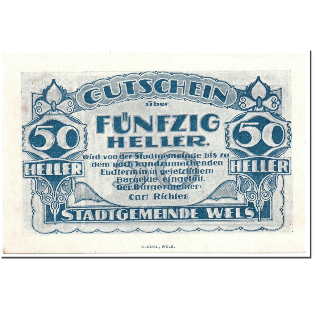 Banknote, Austria, Wels, 50 Heller, personnage, UNC(63), Mehl:1167 II