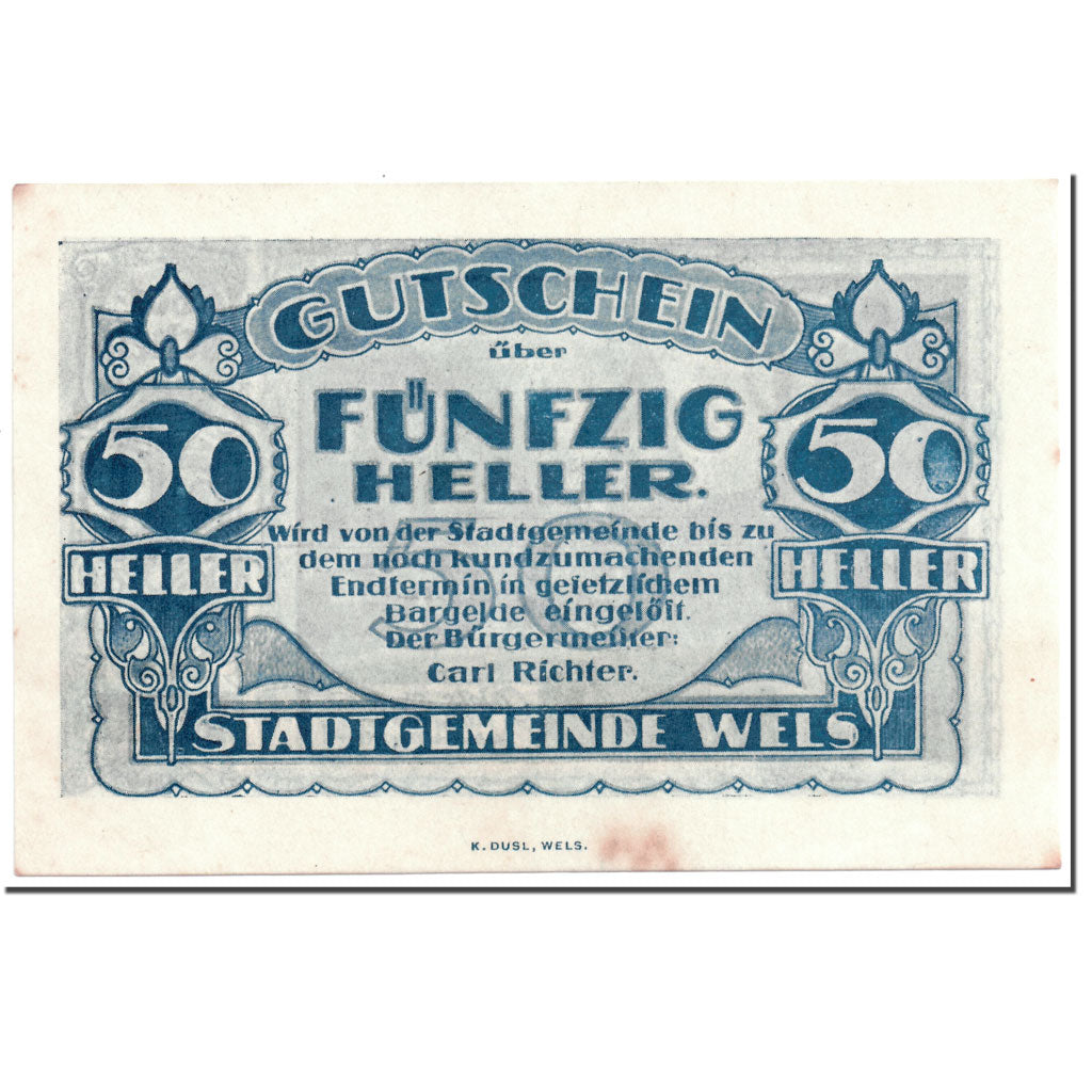 Banknote, Austria, Wels, 50 Heller, centre ville 1, UNC(63), Mehl:1167 II