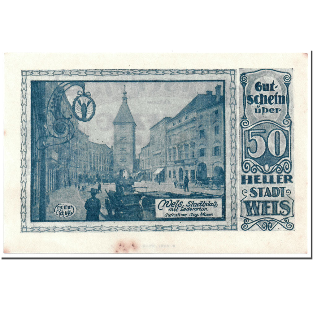Banknote, Austria, Wels, 50 Heller, centre ville 1, UNC(63), Mehl:1167 II