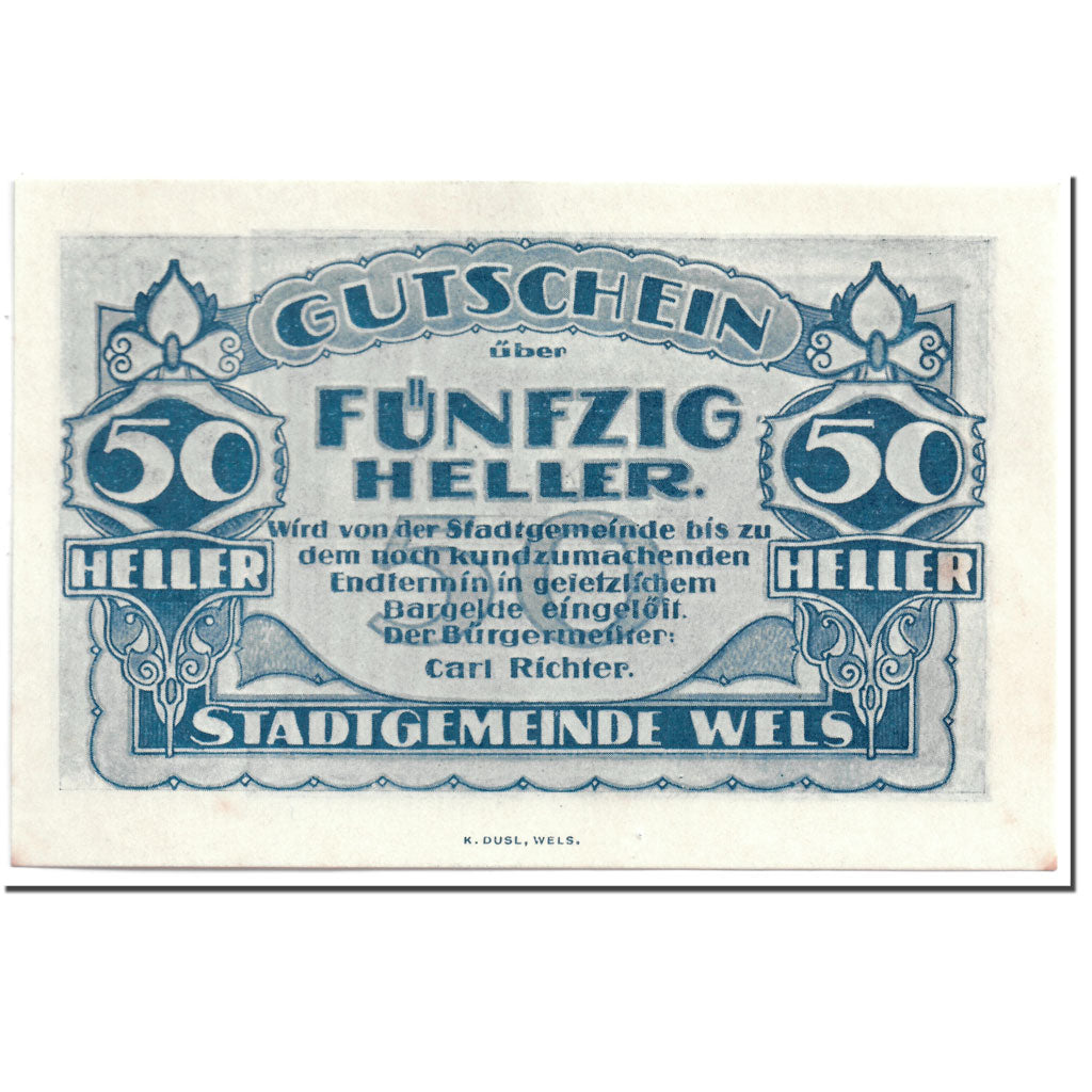 Geldschein, Österreich, Wels, 50 Heller, statue, UNZ-, Mehl:1167 II