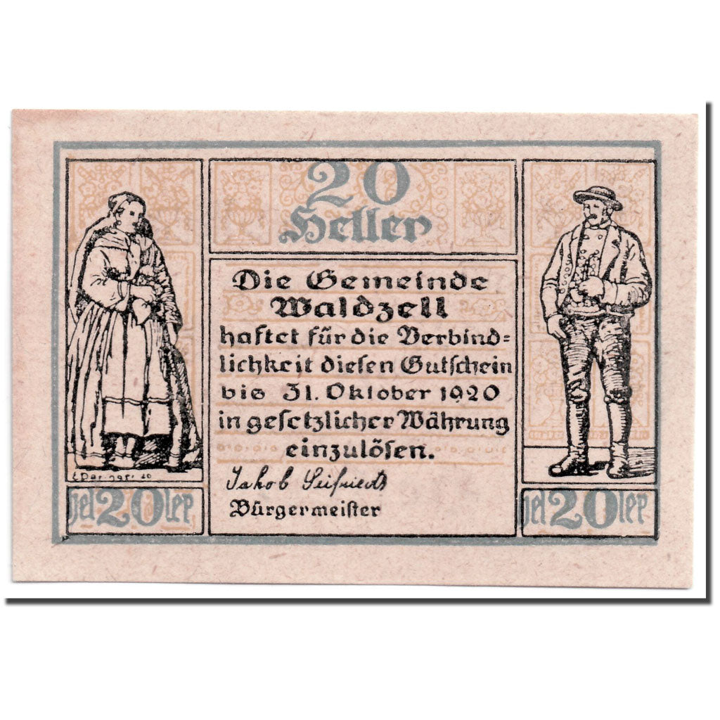 Banknote, Austria, Waldzell, 20 Heller, personnage, 1920, UNC(63), Mehl:1135