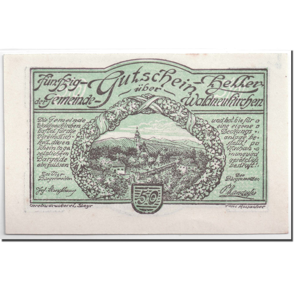 Banknote, Austria, Waldneukirchen, 50 Heller, paysage, UNC(63), Mehl:1134