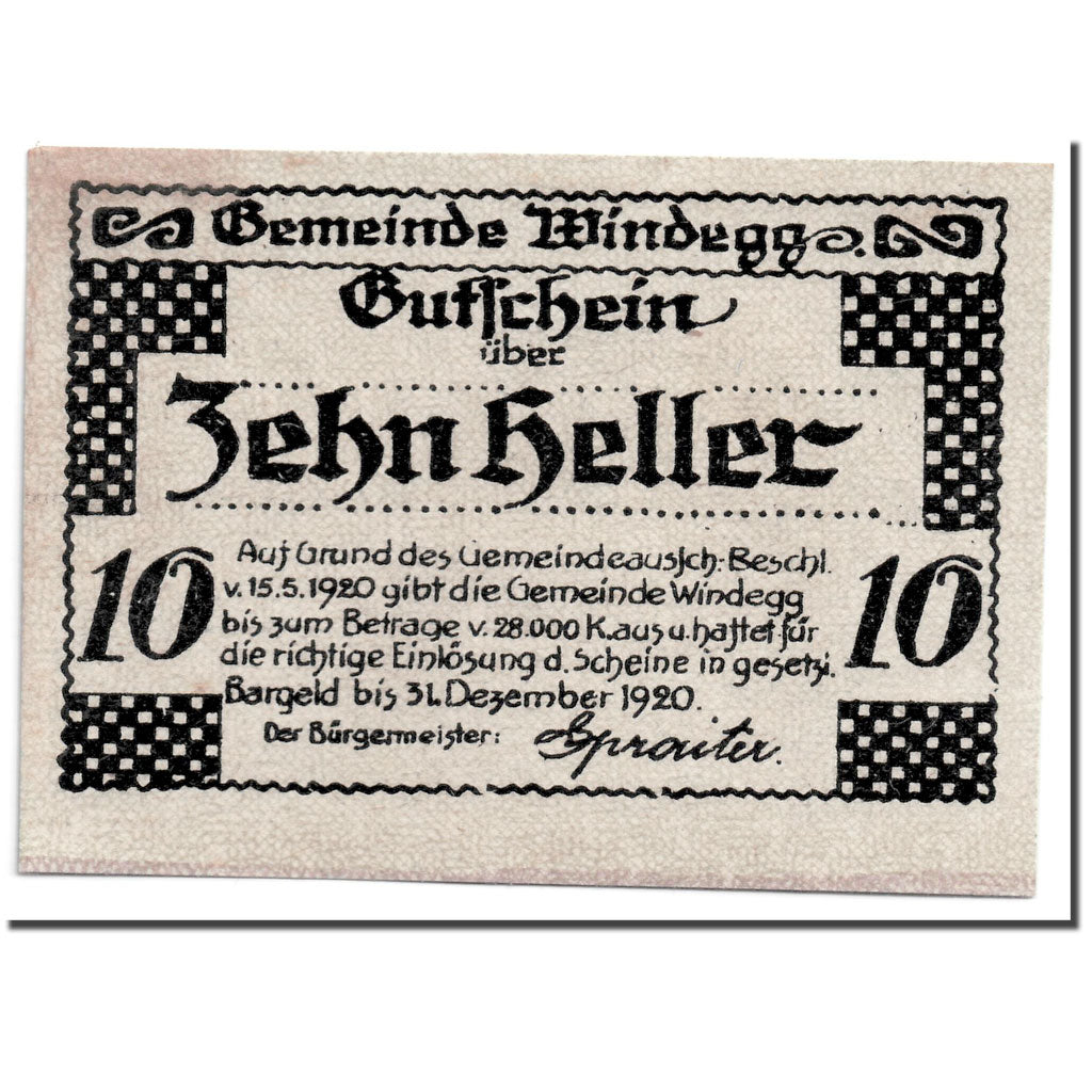 Banknote, Austria, Windegg, 10 Heller, paysage, 1920, 1920-05-15, UNC(63)