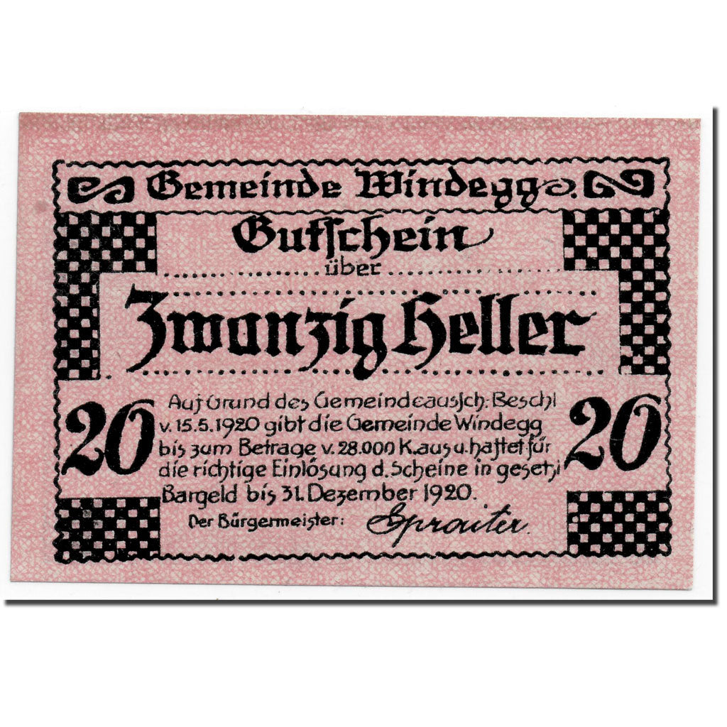 Geldschein, Österreich, Windegg, 20 Heller, paysage, 1920, 1920-05-15, UNZ-