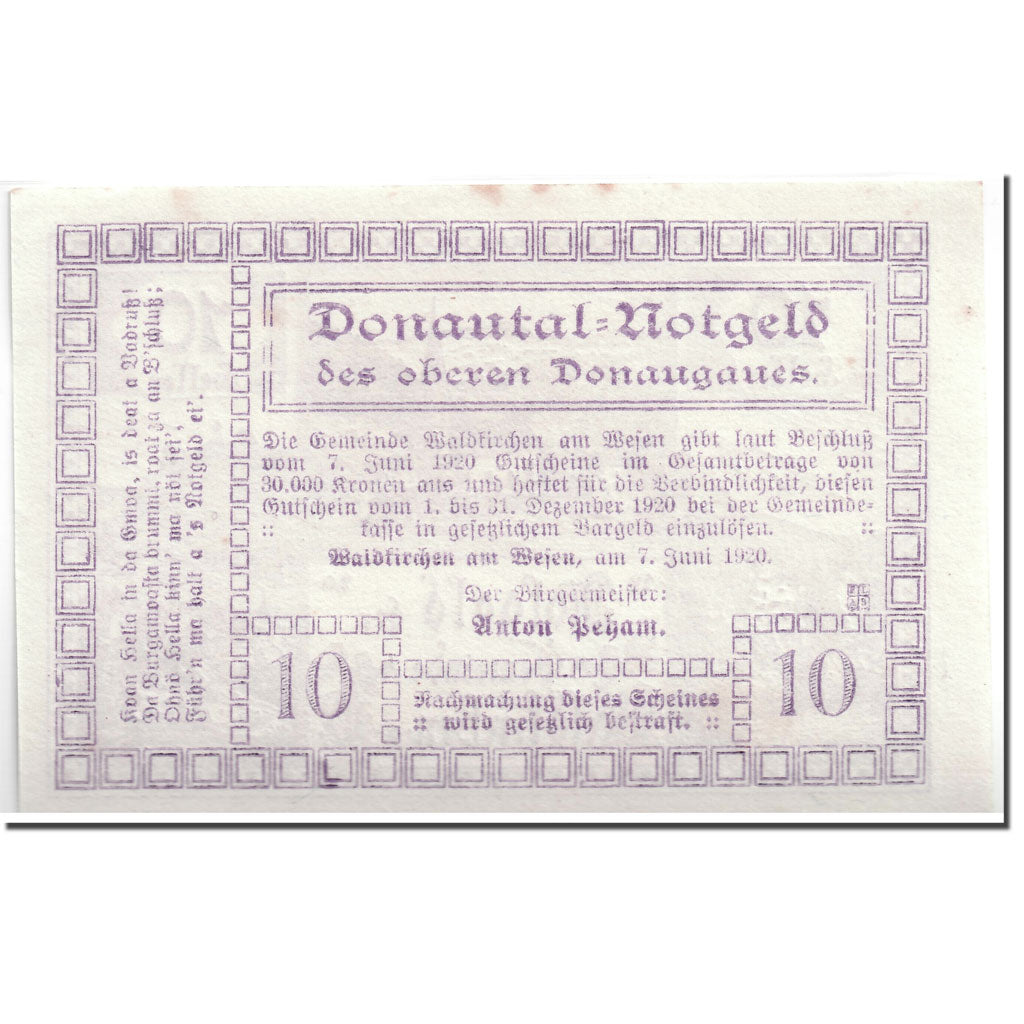 Banknote, Austria, Waldkirchen Am Wesen O.Ö. Gemeinde, 10 Heller, paysage