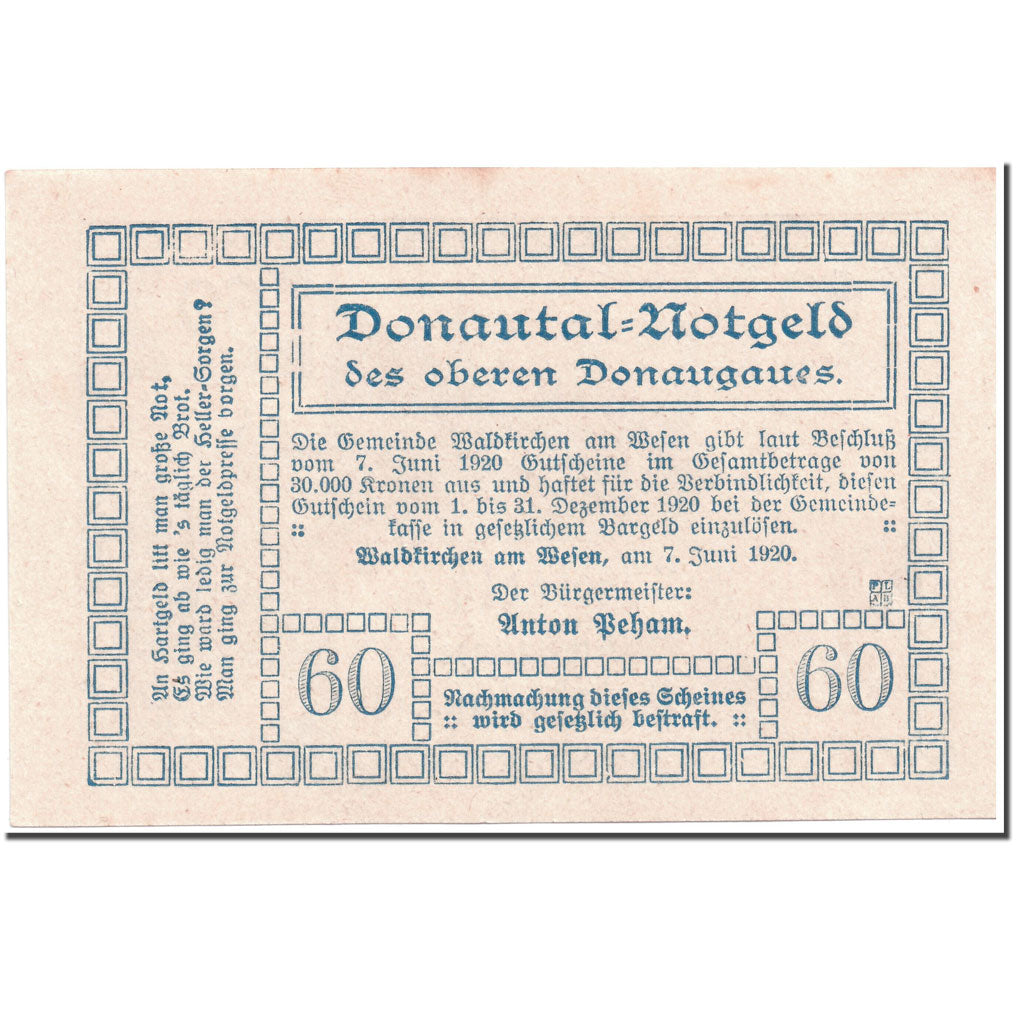 Banknote, Austria, Waldkirchen Am Wesen O.Ö. Gemeinde, 60 Heller, paysage