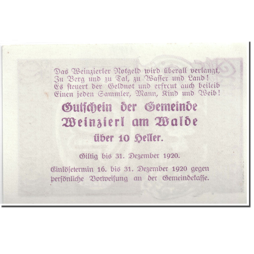 Banknote, Austria, Weinzierl am Walde, 10 Heller, paysage, 1920, 1920-06-13