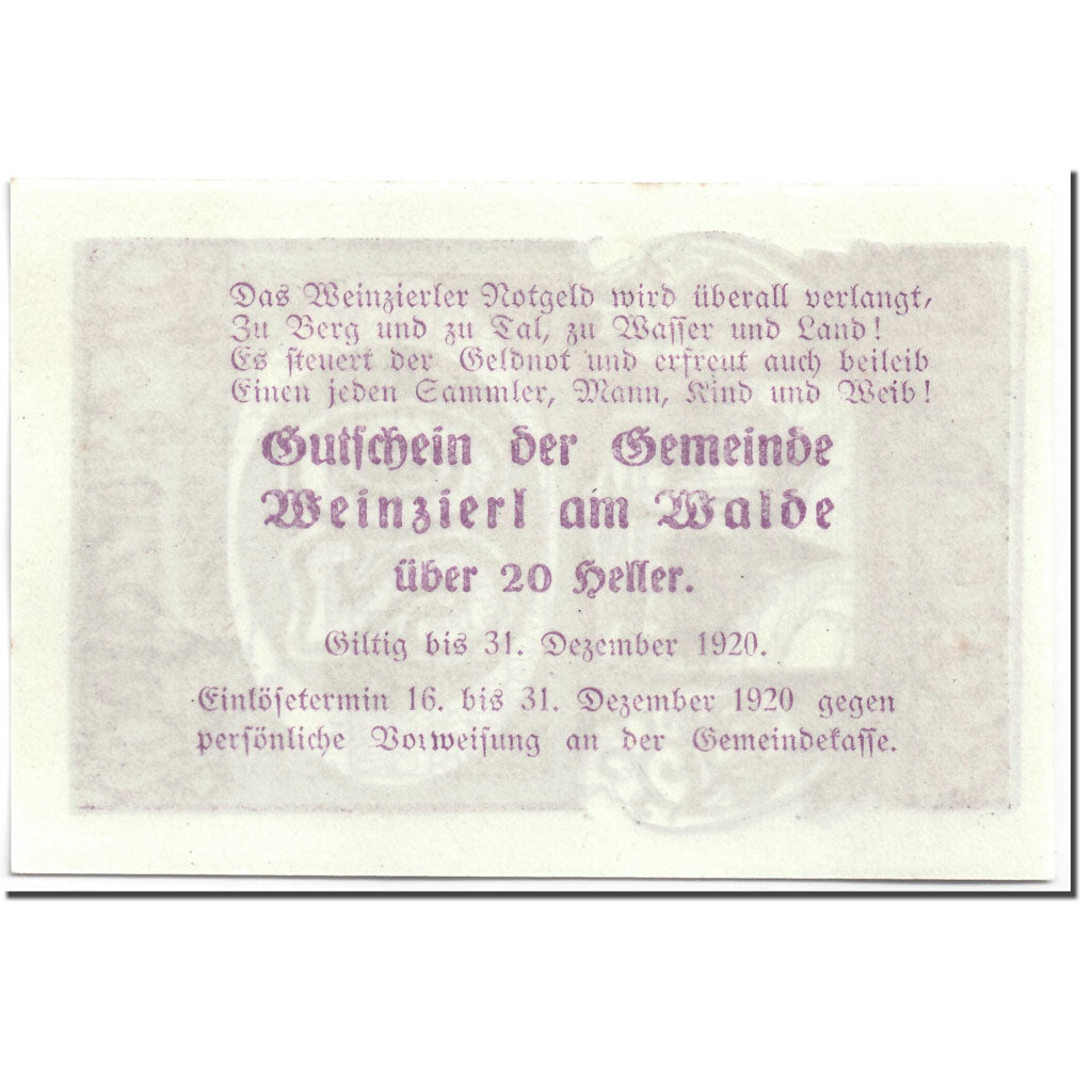 Banknote, Austria, Weinzierl am Walde, 20 Heller, Eglise, 1920, 1920-06-13