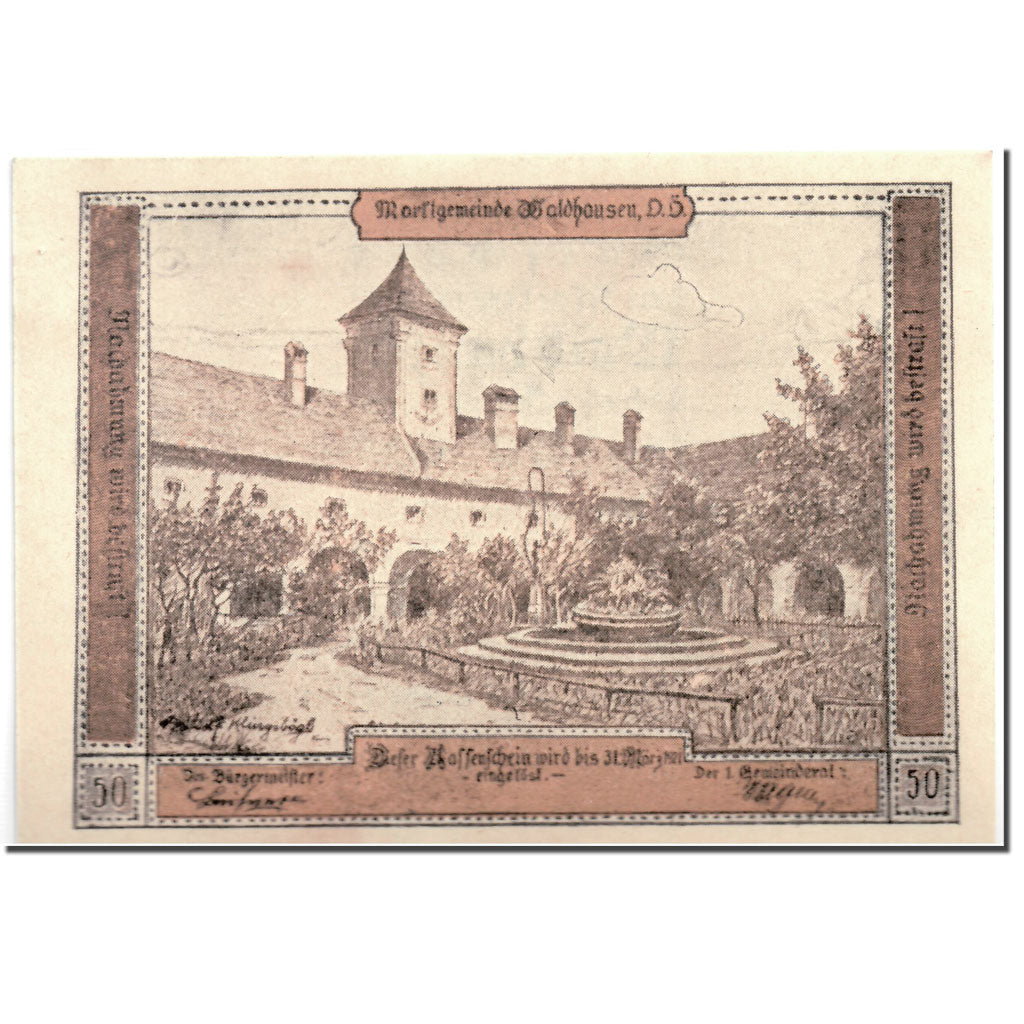 Banknote, Austria, Waldhausen, 50 Heller, paysage, 1921, 1921-03-31, UNC(63)