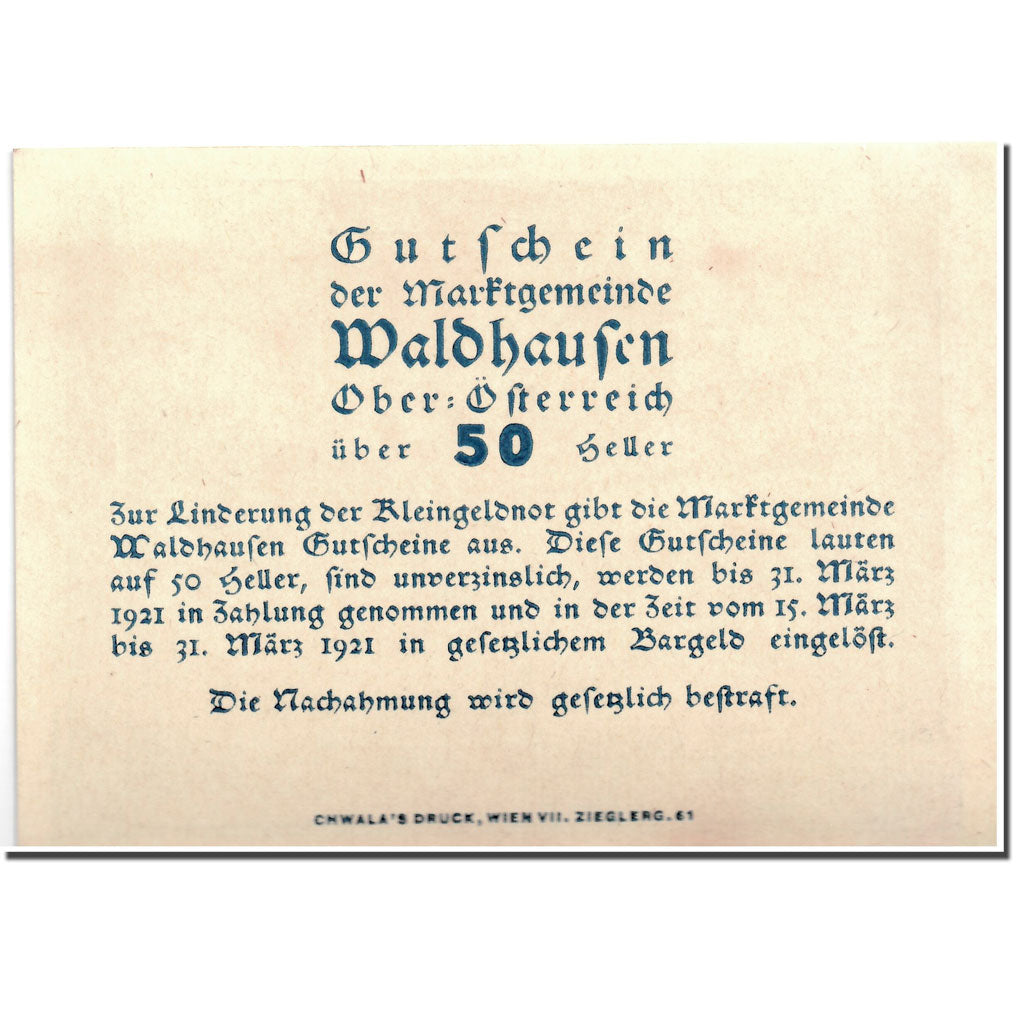 Banknote, Austria, Waldhausen, 50 Heller, paysage, 1921, 1921-03-31, UNC(63)