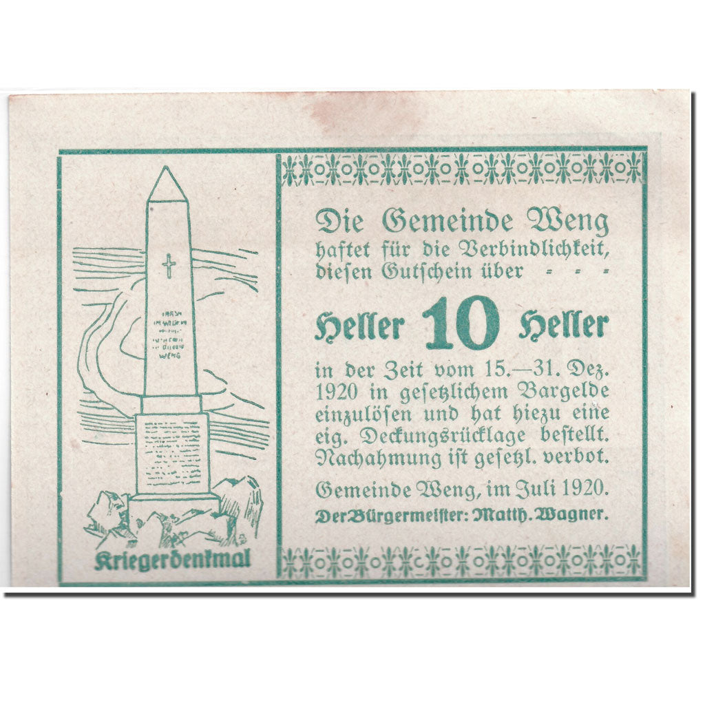 Banknote, Austria, Weng, 10 Heller, Monument, 1920, UNC(63), Mehl:1171