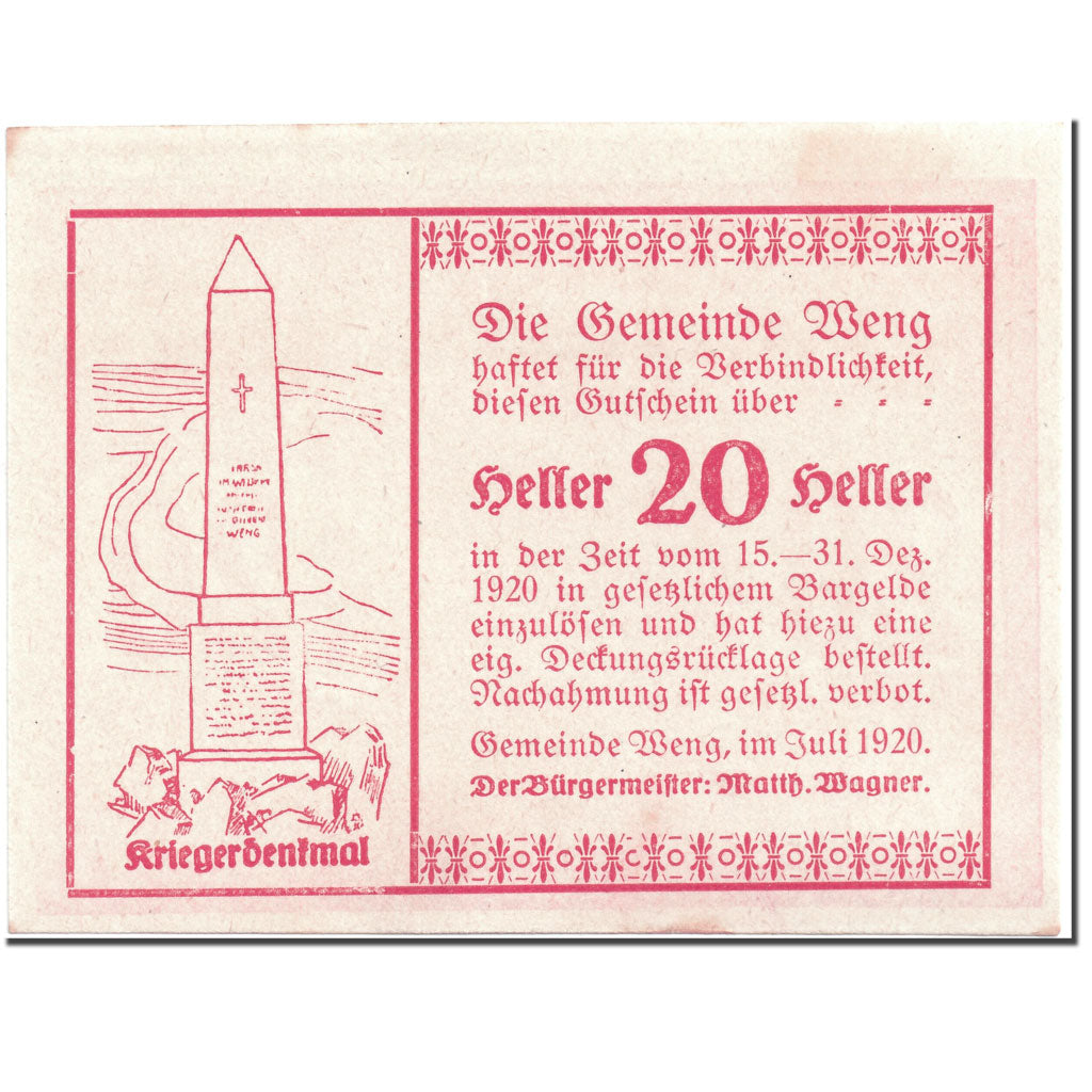 Banknote, Austria, Weng, 20 Heller, Monument, 1920, UNC(63), Mehl:1171