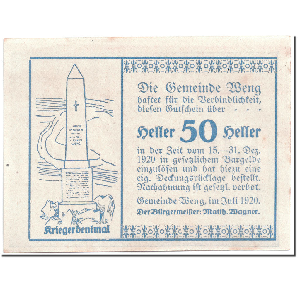 Banknote, Austria, Weng, 50 Heller, Monument, 1920, UNC(63), Mehl:1171