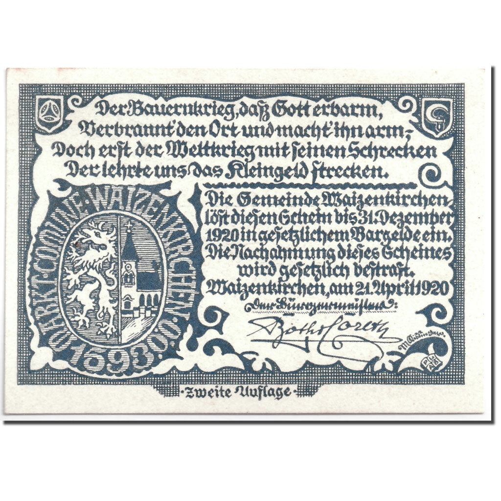 Banknote, Austria, Waizenkirchen, 20 Heller, paysage, 1920, 1920-04-21, UNC(63)