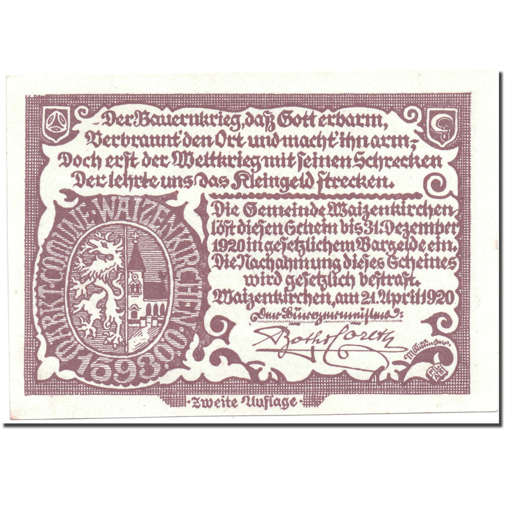 Banknote, Austria, Waizenkirchen, 50 Heller, paysage, 1920, 1920-04-21, UNC(63)