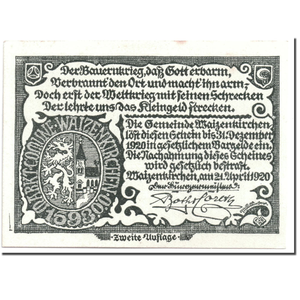 Banknote, Austria, Waizenkirchen, 10 Heller, paysage, 1920, 1920-04-21, UNC(63)