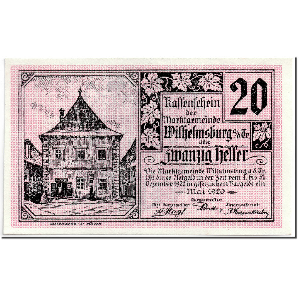 Banknote, Austria, Wilhelmsburg, 20 Heller, Ecusson, 1920, UNC(63), Mehl:1235
