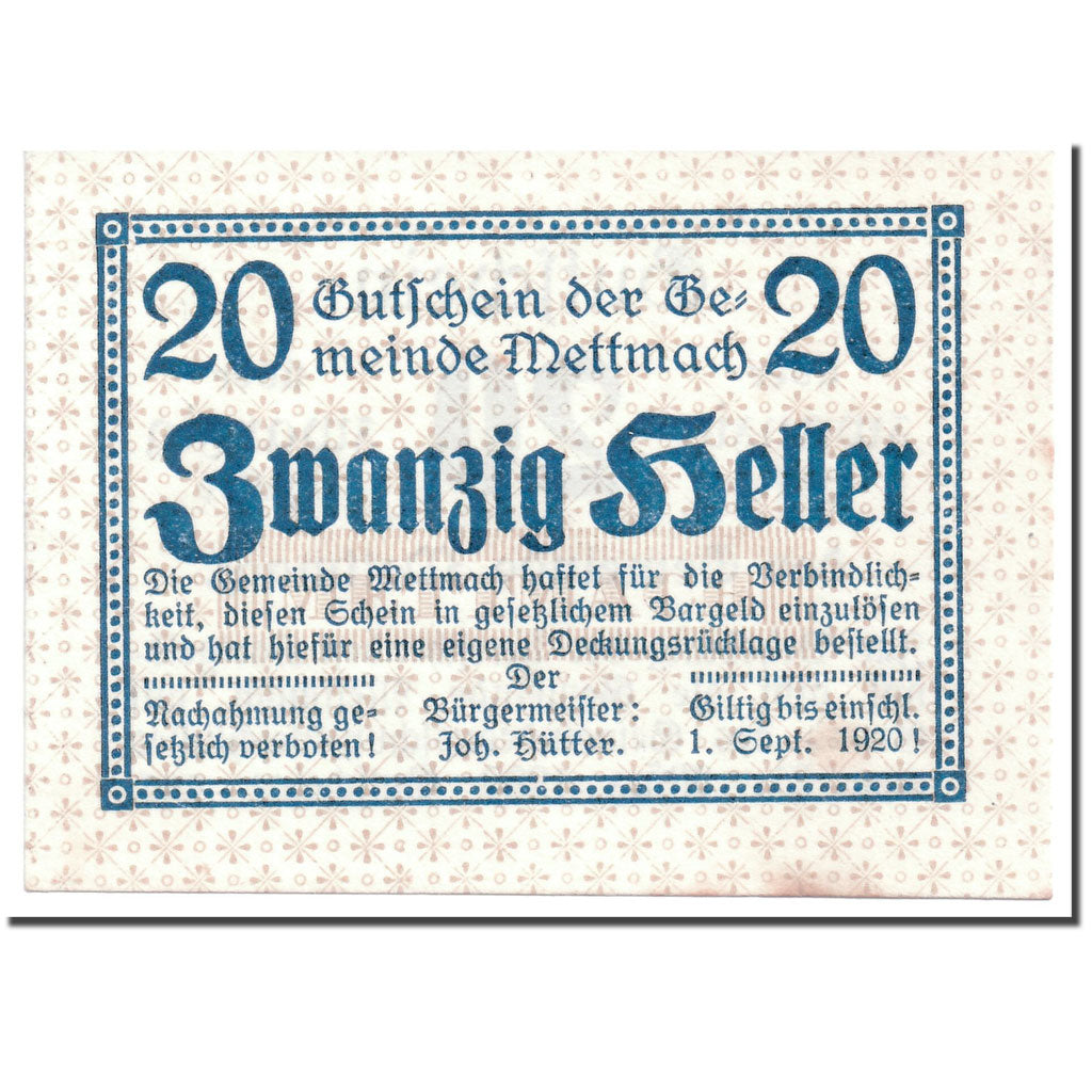 Banknote, Austria, Mettmach, 20 Heller, graphique, 1920, 1920-03-21, UNC(63)