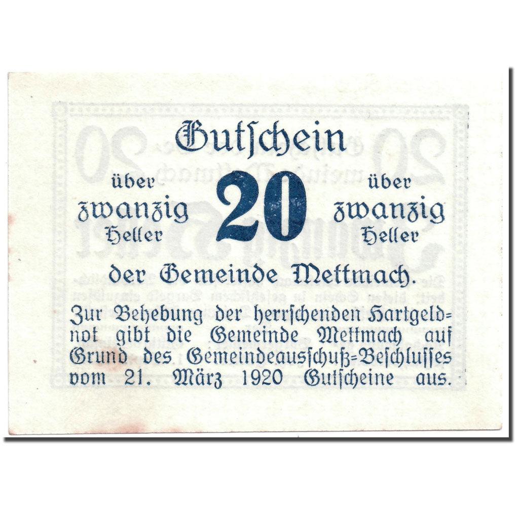Banknote, Austria, Mettmach, 20 Heller, graphique, 1920, 1920-03-21, UNC(63)