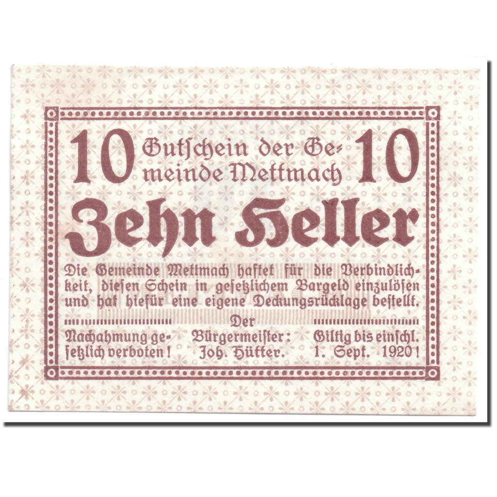 Banknote, Austria, Mettmach, 10 Heller, graphique, 1920, 1920-03-21, UNC(63)