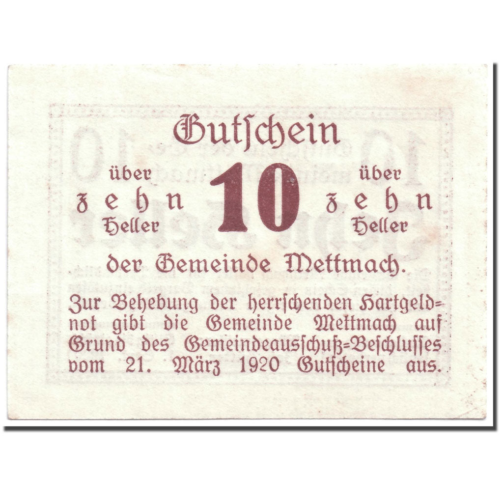 Banknote, Austria, Mettmach, 10 Heller, graphique, 1920, 1920-03-21, UNC(63)