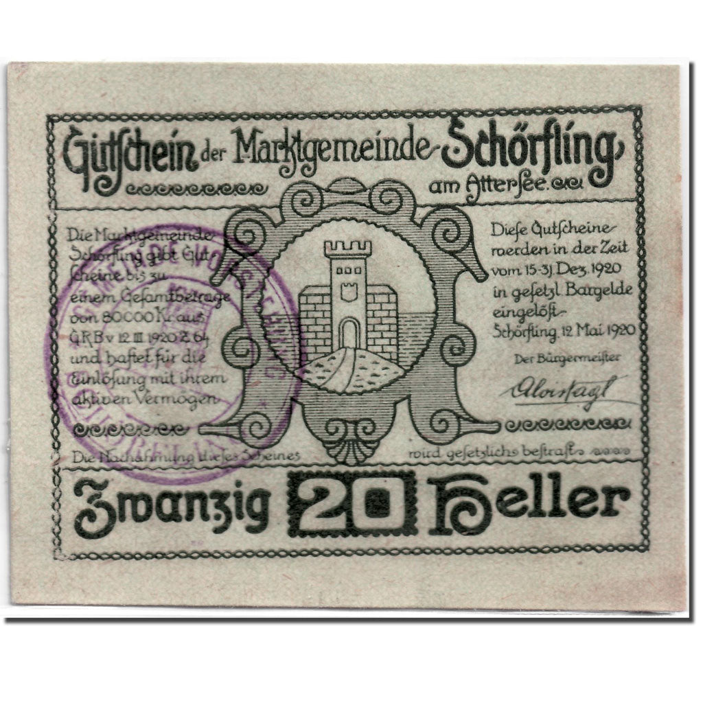 Banknote, Austria, Schörfling am Attersee O.Ö. Marktgemeinde, 20 Heller