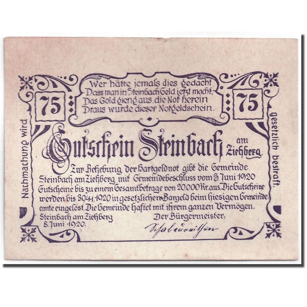 Banknote, Austria, Steinbach, 75 Heller, paysage, 1920, 1920-06-08, UNC(63)