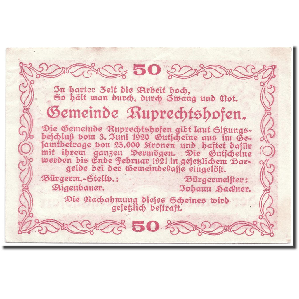 Banknote, Austria, Ruprechtshofen, 50 Heller, manoir, 1920, 1920-06-03, UNC(63)