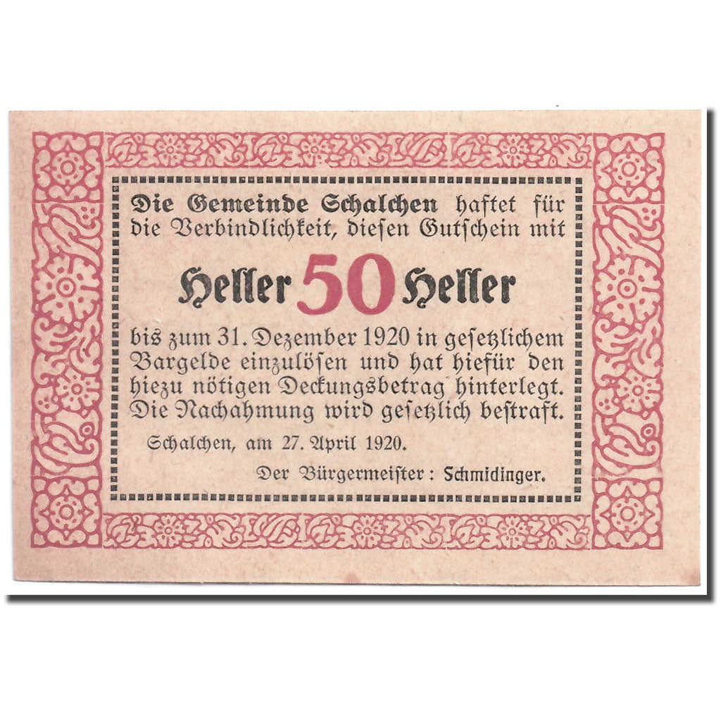 Banknote, Austria, Schalchen, 50 Heller, Eglise, 1920, 1920-04-27, UNC(63)