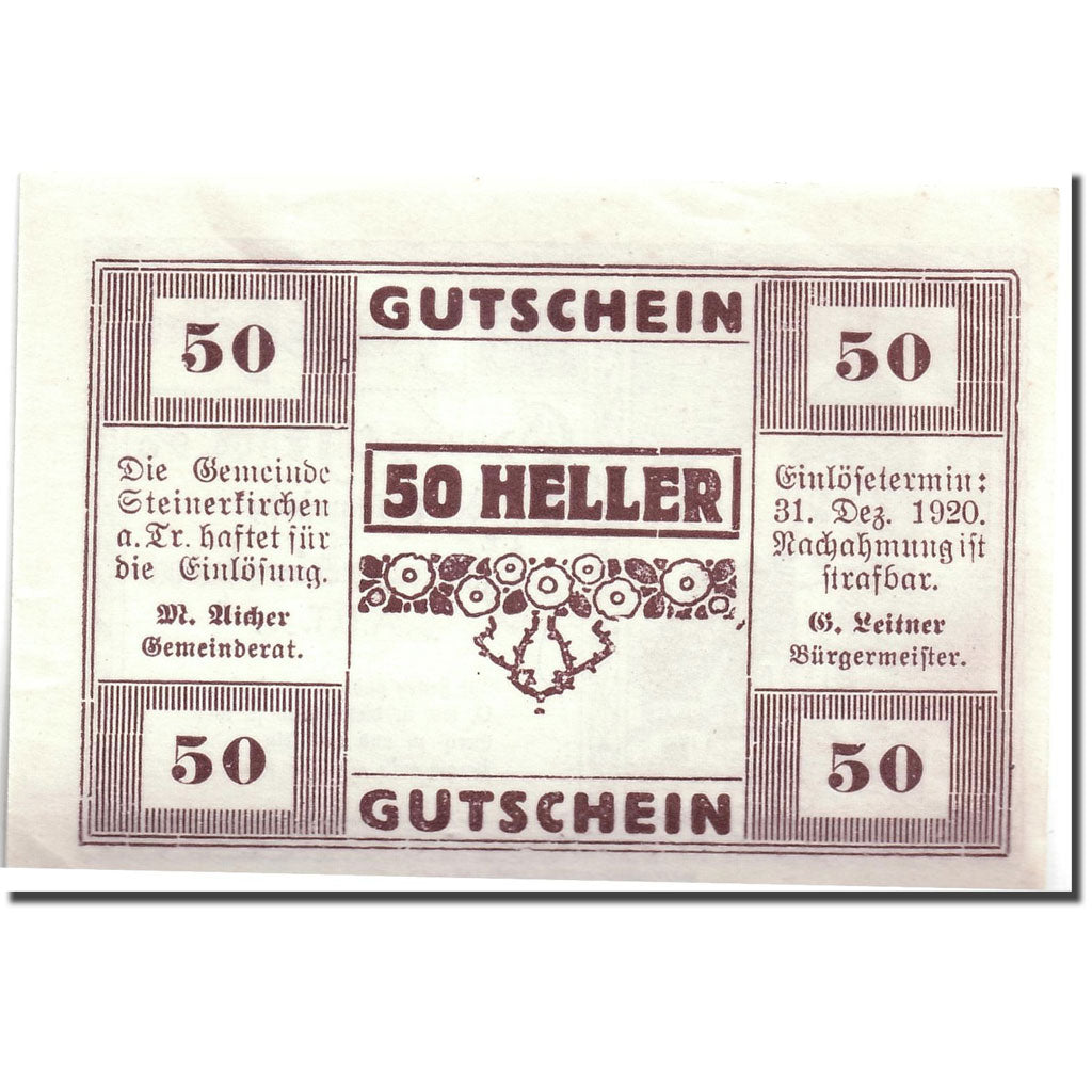 Banknote, Austria, Steinerkirchen, 50 Heller, Eglise, UNC(63), Mehl:1029.1