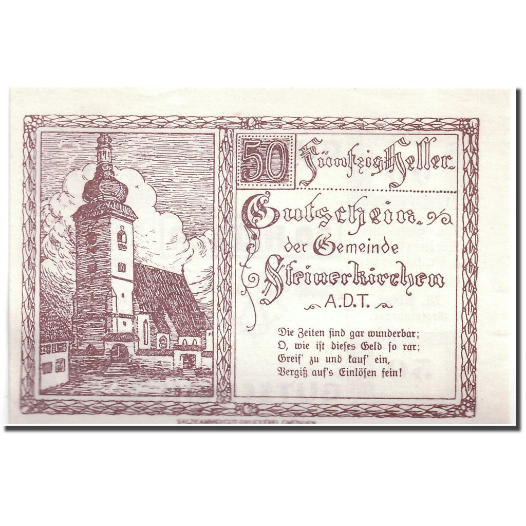Banknote, Austria, Steinerkirchen, 50 Heller, Eglise, UNC(63), Mehl:1029.1