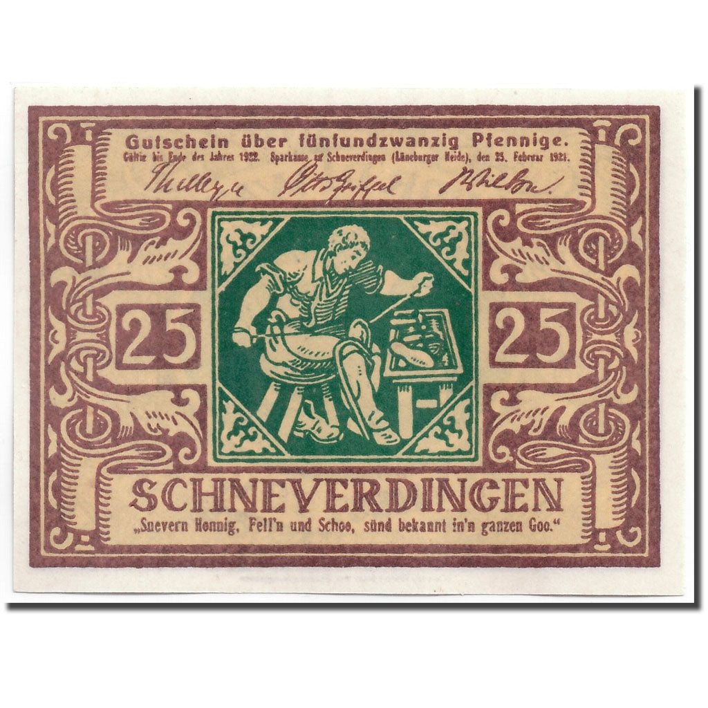 Banknot, Niemcy, Schneverdingen, 25 Pfennig, personnage 1, 1921, 1921-02-25