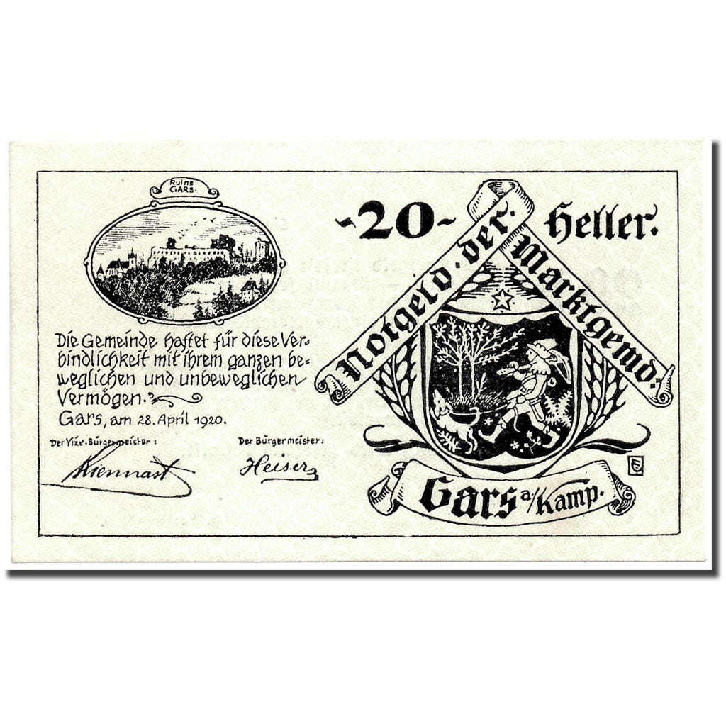 Billet, Autriche, Gars am Kamp, 20 Heller, Ecusson, 1920, 1920-04-28, SPL