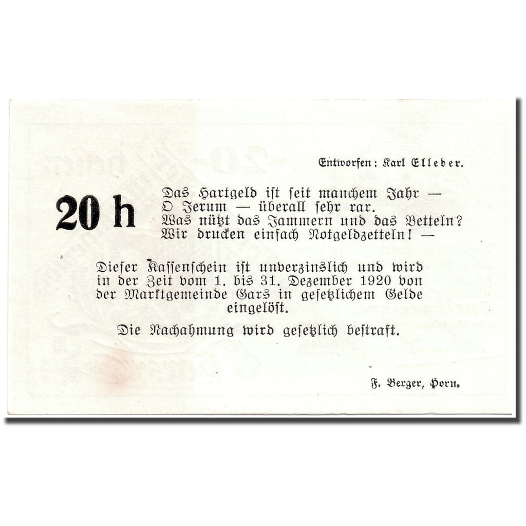 Billet, Autriche, Gars am Kamp, 20 Heller, Ecusson, 1920, 1920-04-28, SPL