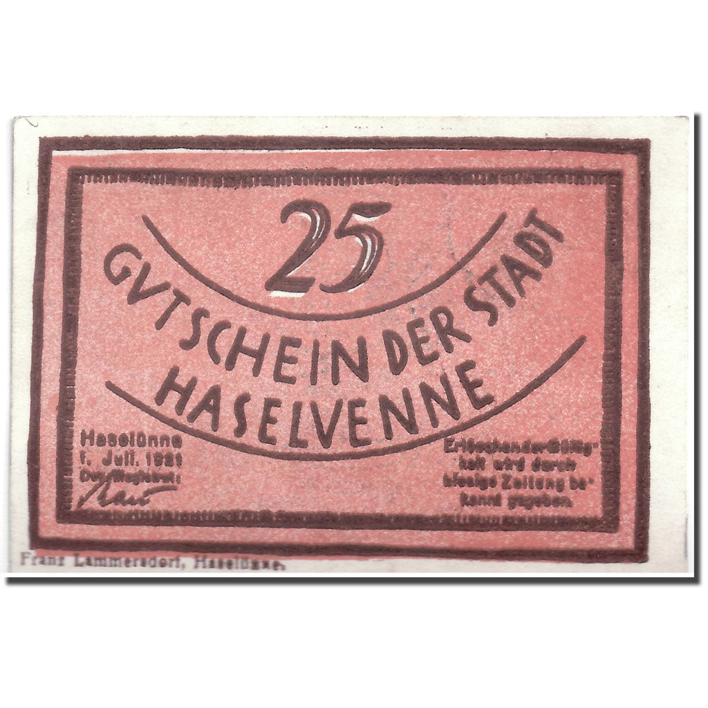 Banknote, Germany, Haselünne, 25 Pfennig, personnage, 1921, 1921-10-01