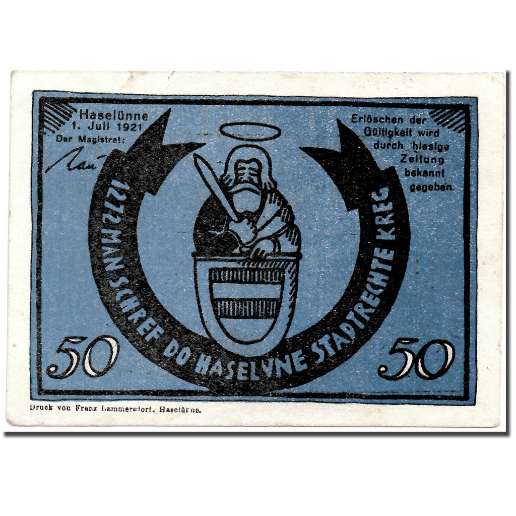 Banconote, Germania, Haselünne, 50 Pfennig, personnage, 1921, 1921-10-01, SPL