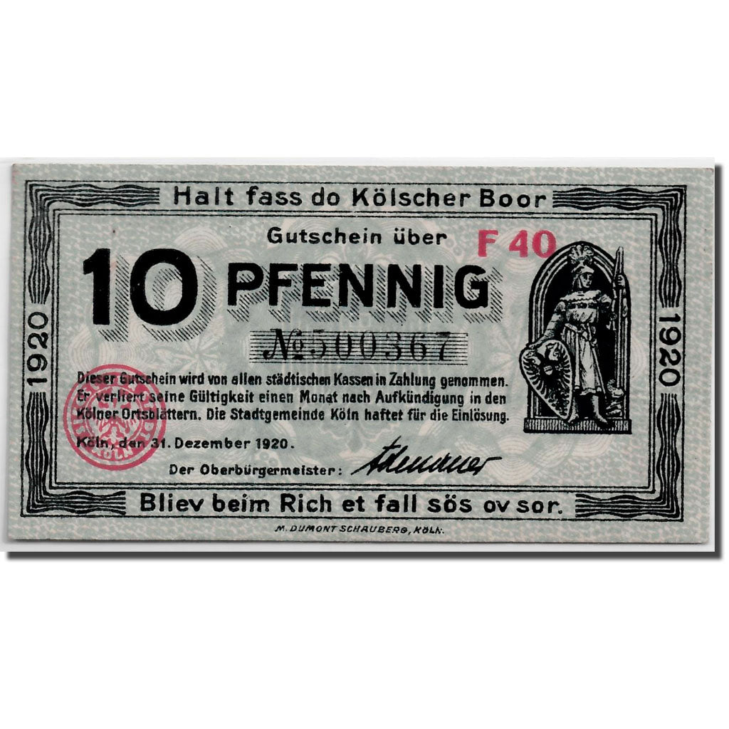 Banknote, Germany, Köln, 10 Pfennig, chevalier, 1918, 1918-06-01, UNC(63)