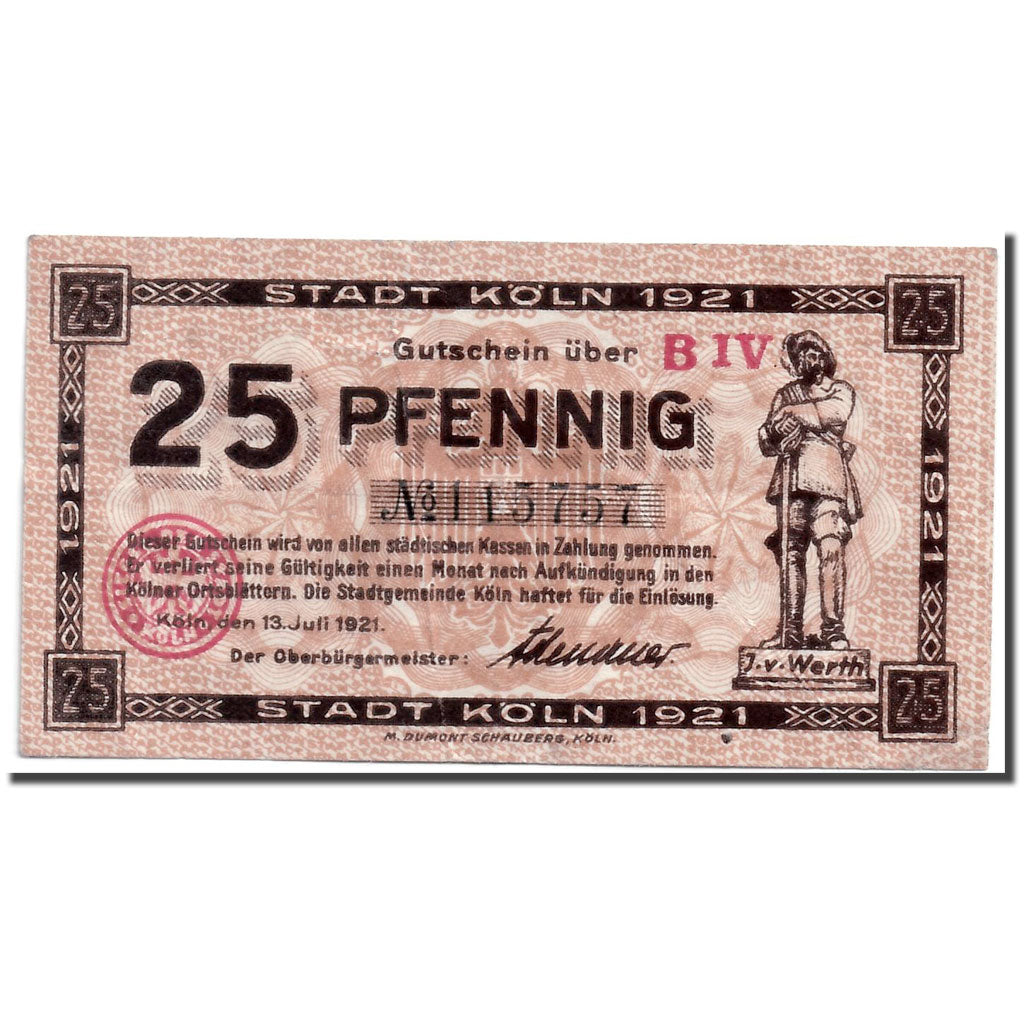Banknote, Germany, Köln, 25 Pfennig, chevalier, 1918, 1918-06-01, UNC(63)