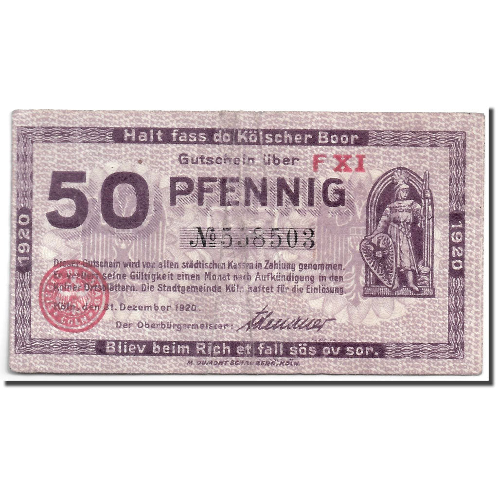 Banconote, Germania, Köln, 50 Pfennig, chevalier, 1918, 1918-06-01, SPL
