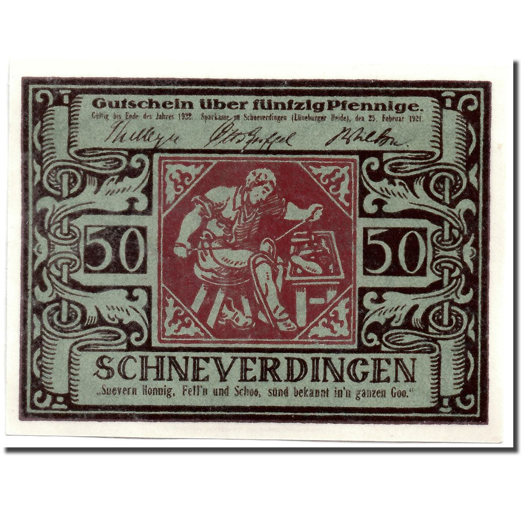 Banconote, Germania, Schneverdingen, 50 Pfennig, personnage, 1921, 1921-02-25