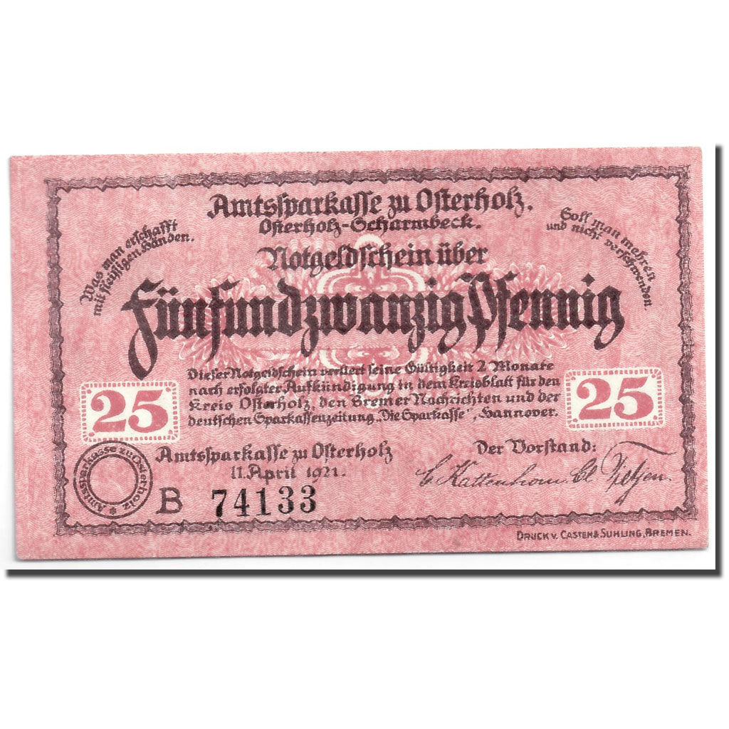 Banconote, Germania, Osterholz, 25 Pfennig, Batiment, 1921, 1921-05-31, SPL