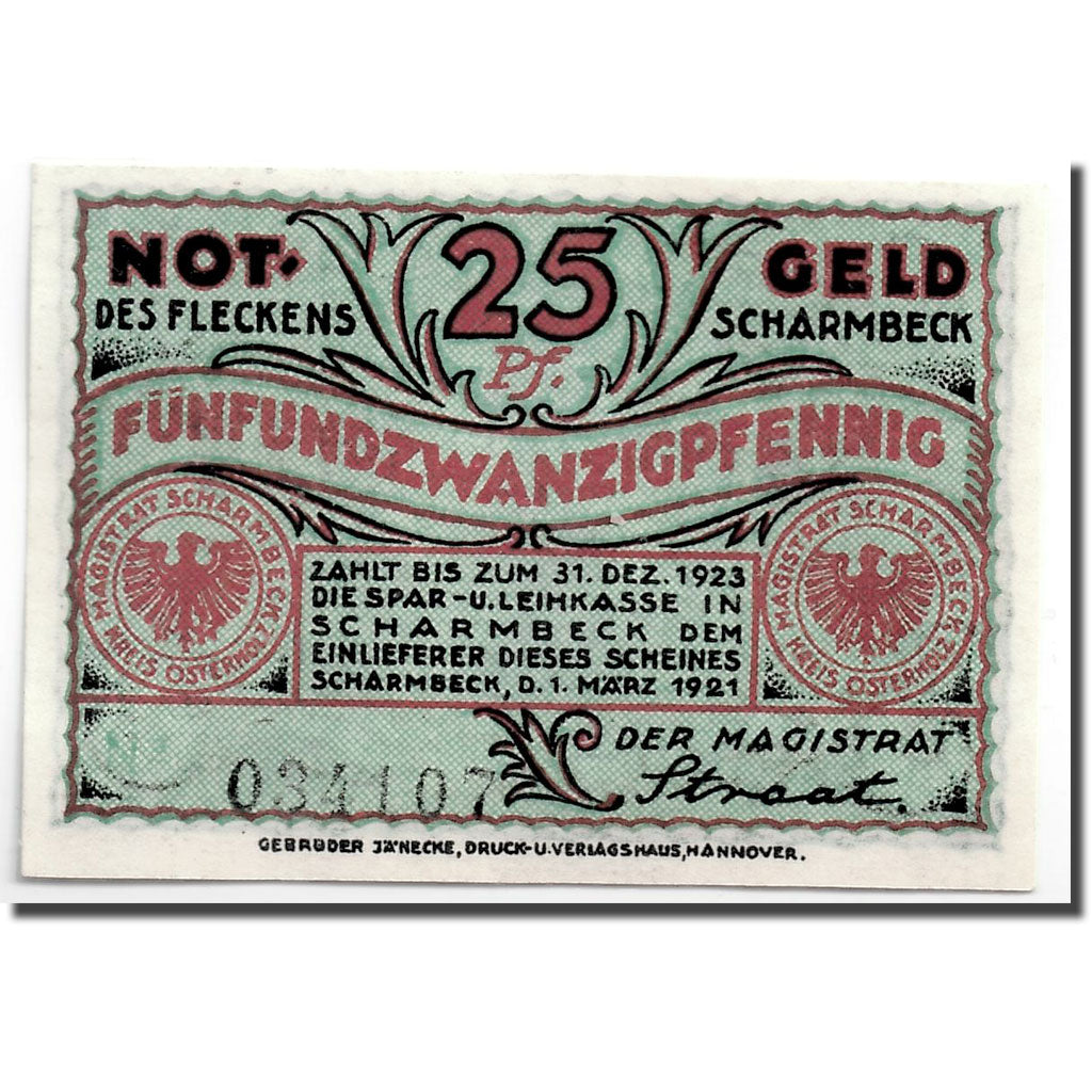 Banknot, Niemcy, Scharmbeck Stadt, 25 Pfennig, Ecusson, 1920, 1920-12-01