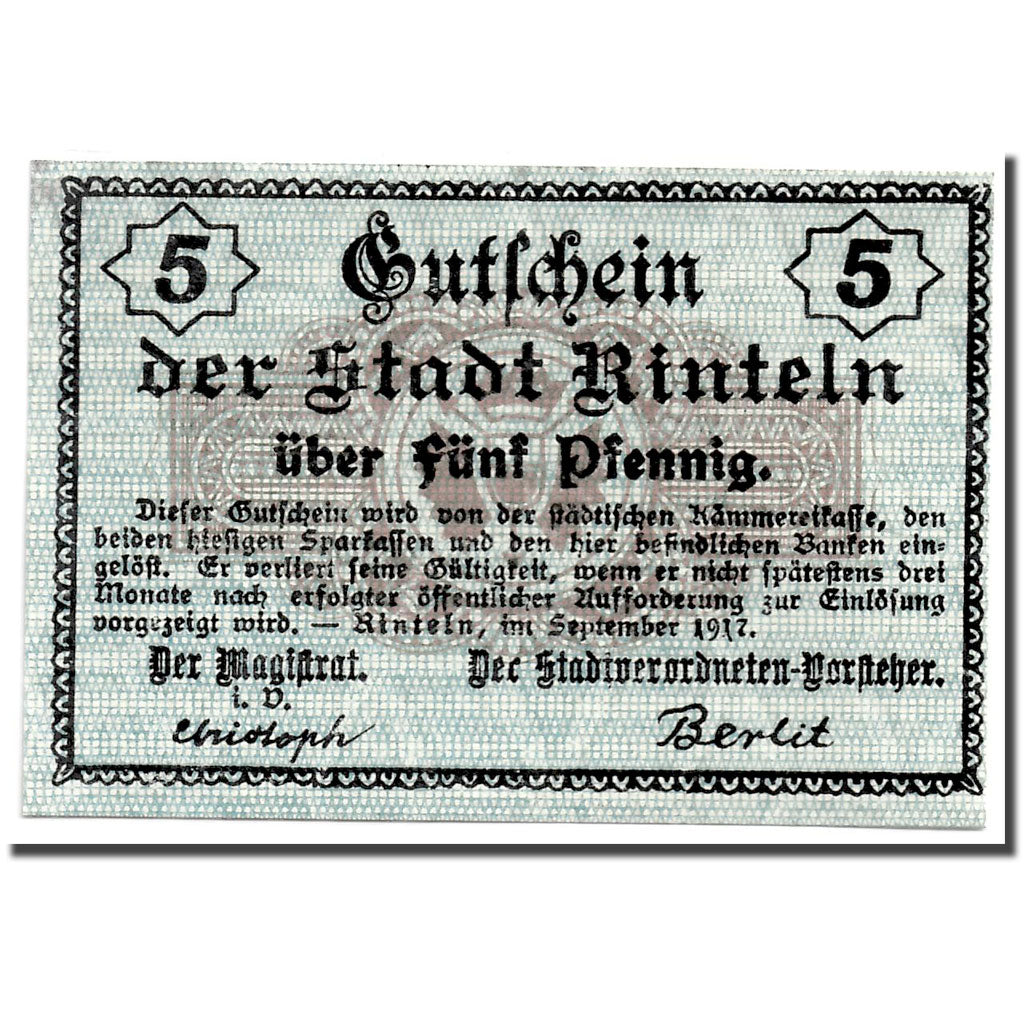 Banknot, Niemcy, Rinteln, 5 Pfennig, graphique, 1918, 1918-02-02, UNC(63)