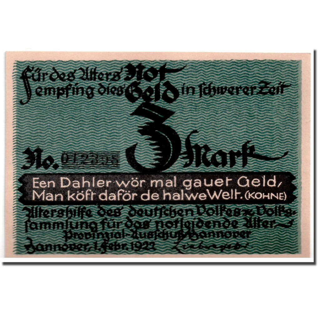 Banconote, Germania, Hannover, 3 Mark, portrait, 1922, 1922-02-01, SPL