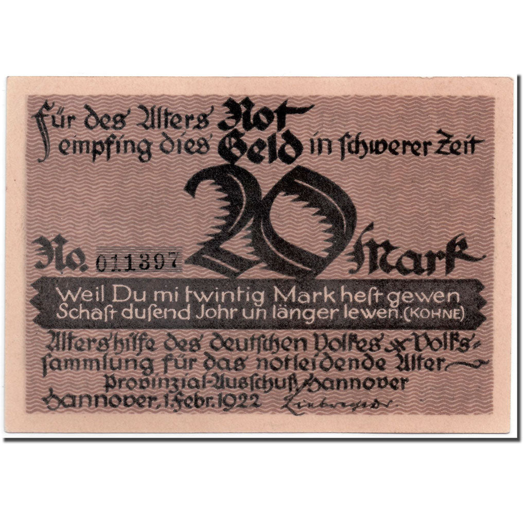 Nota, Alemanha, Hannover, 20 Mark, portrait, 1922, 1922-02-01, UNC(63)