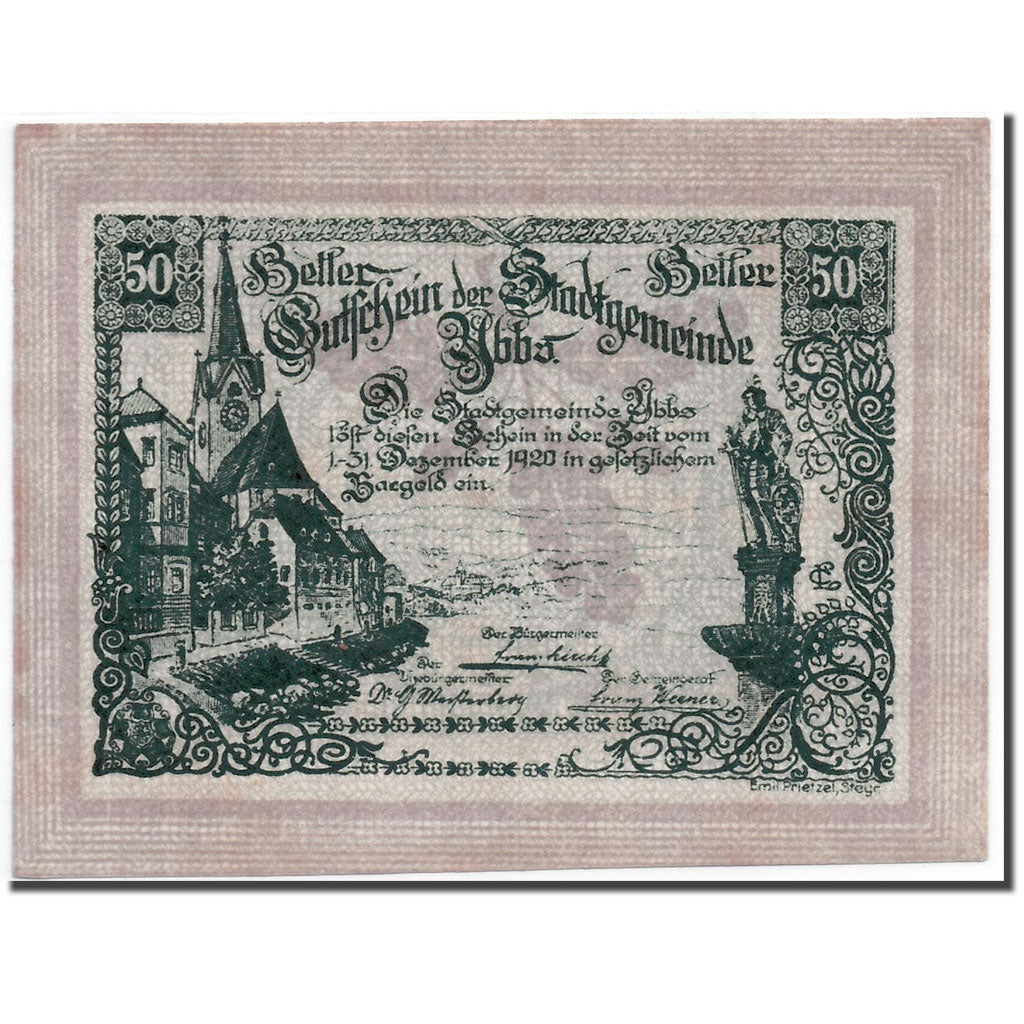 Banknote, Austria, Ybbs, 50 Heller, château, 1920, 1920-12-31, UNC(63), Mehl:FS